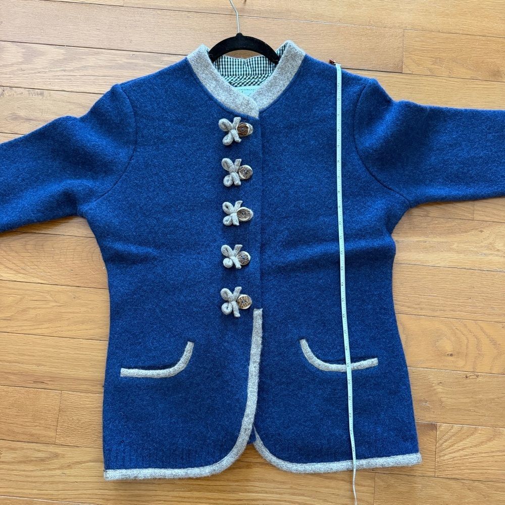 Handstrickerei Irmtraud Lanz Blue Wool Jacket Beige Trim Women’s L - Picture 7 of 16